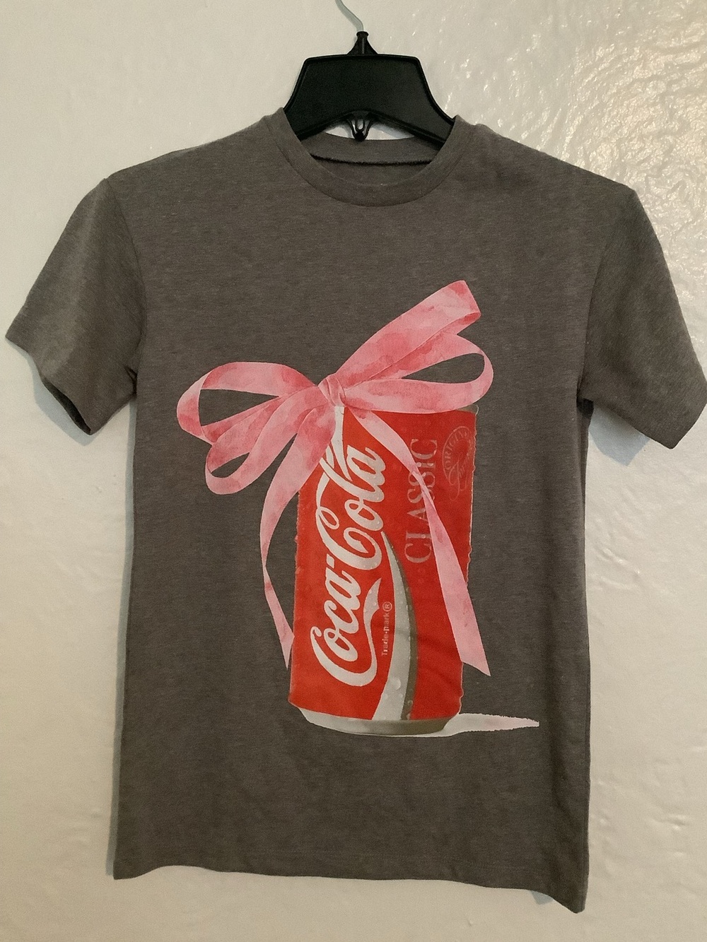 Coca Cola Gray Tee with Red Can and Pink Bow